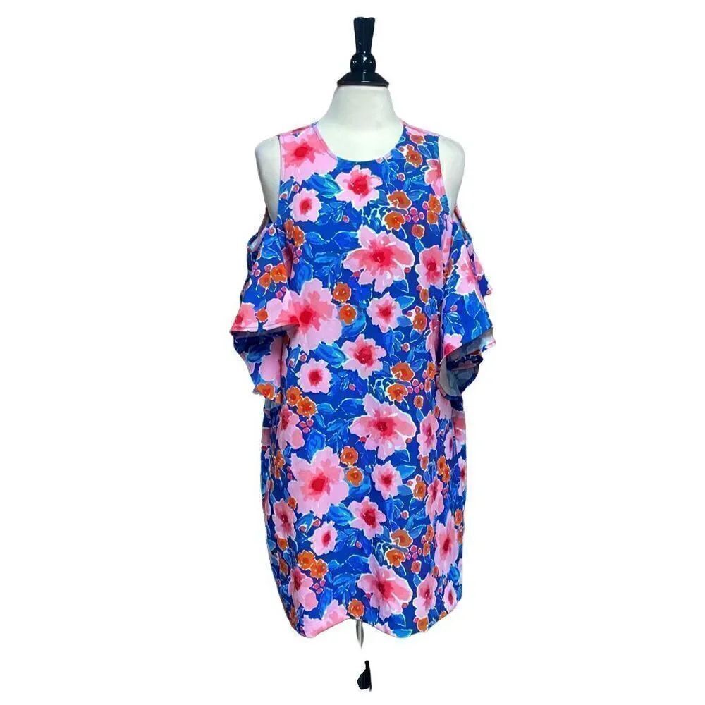 Mud Pie Floral Cold Shoulder Ruffle Sleeve Dress Size Large NWOT